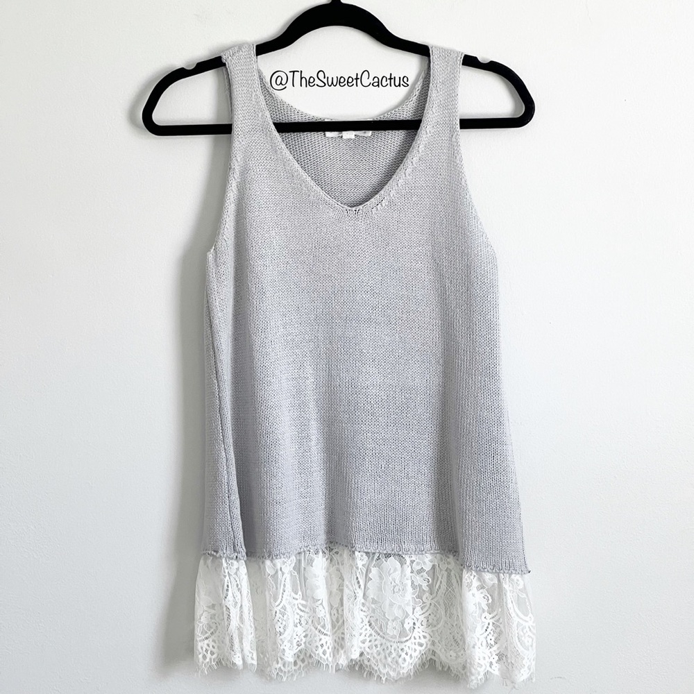 Cloud Chaser Sleeveless Lace Trim Tunic Tank Top Sweater Grey Small